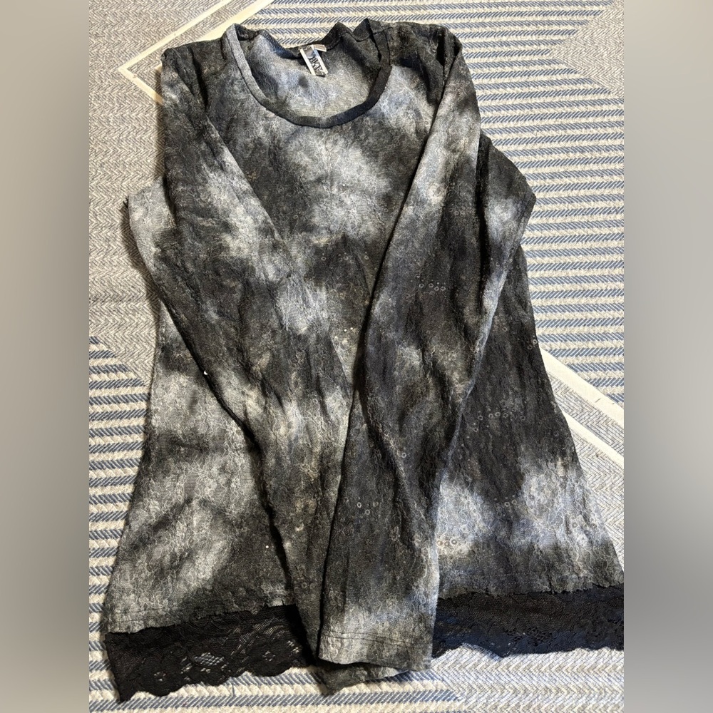 Gray and Silver Glittery Sheer Top with Black Lace